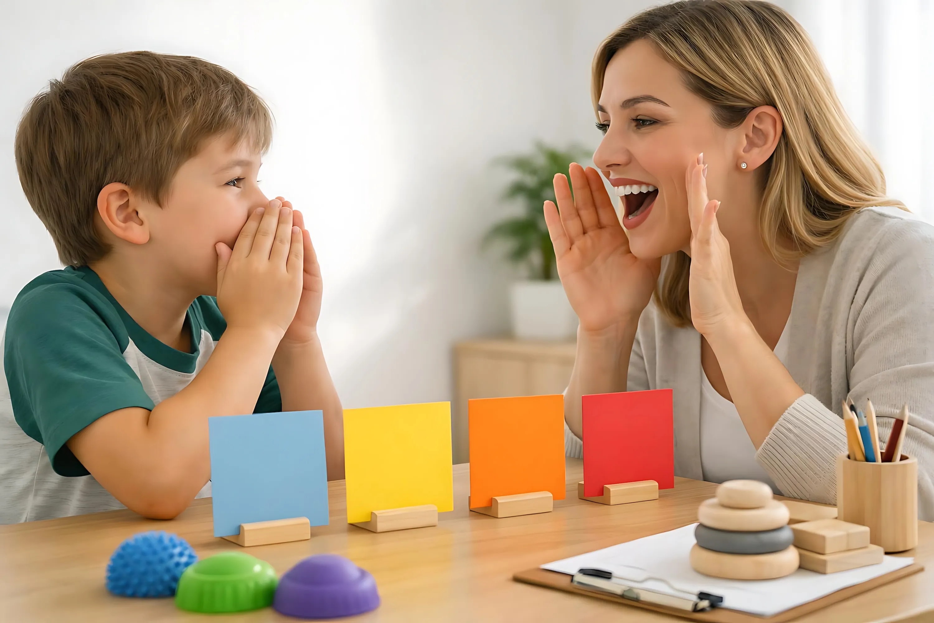 Logopädische Therapie: Logopädin und Kind üben gemeinsam Laute