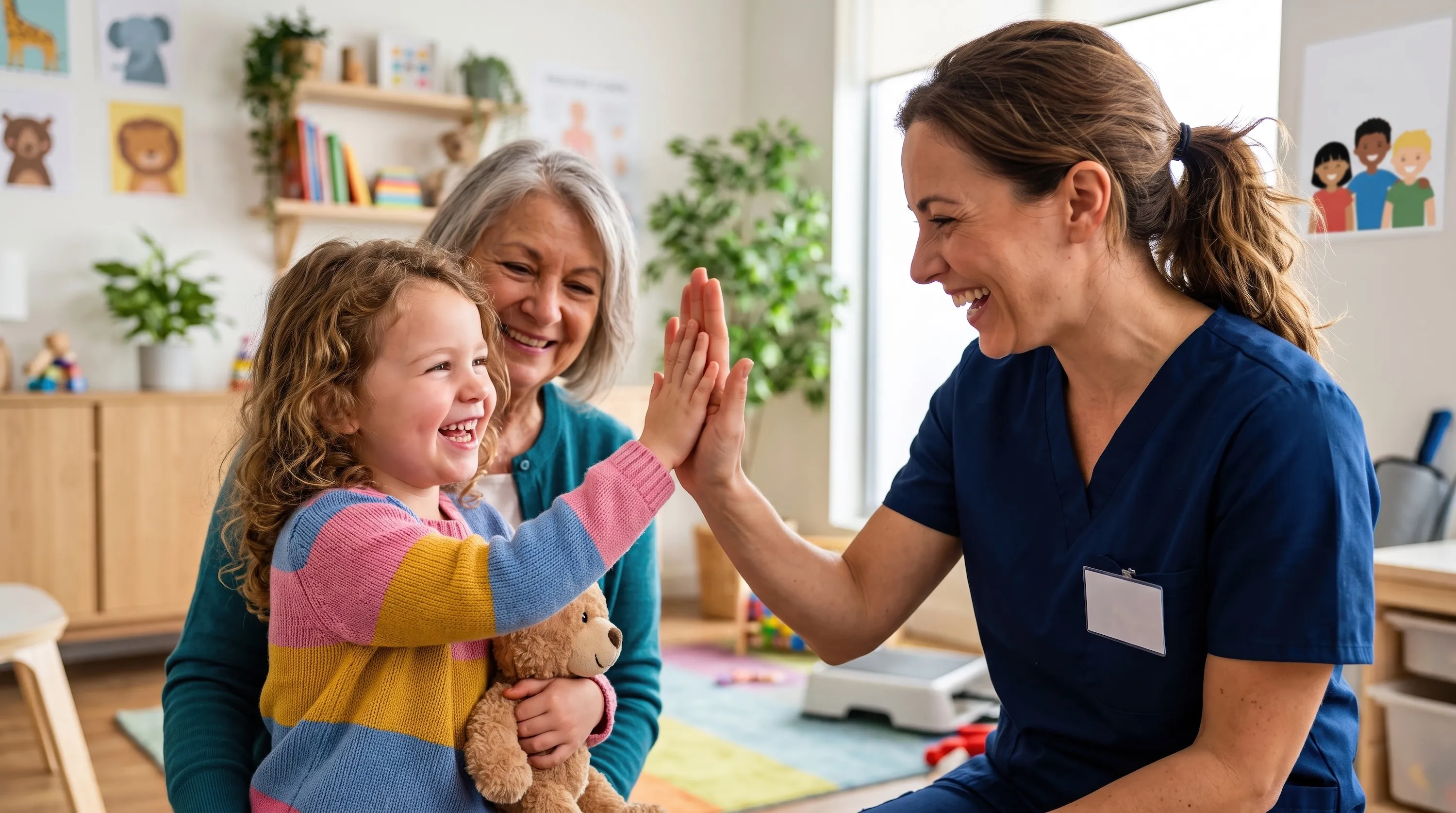 Systemische Beratung: Kind gibt einer Therapeutin ein High-Five